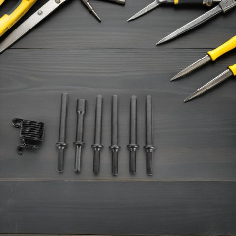 Pneumatic Air Hammer Tool Kit With Solid And Semi Hollow Rivet Heads Steel Construction And Spring Included For Easy Auto Body Smoothing Sheet Metal Shaping And Pro Grade Automotive Repair, steel heads and spring