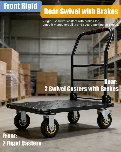Beefy 1800 Lbs Steel Platform Cart With 36x24 In Deck For Warehouse Hauling And Home Shop Use Heavy Duty Utility Cart To Move Boxes Equipment Appliances And Pallets Stable Rolling With Locking Casters And Easy Grip Handle, steel cart with front rigid and rear swivel casters