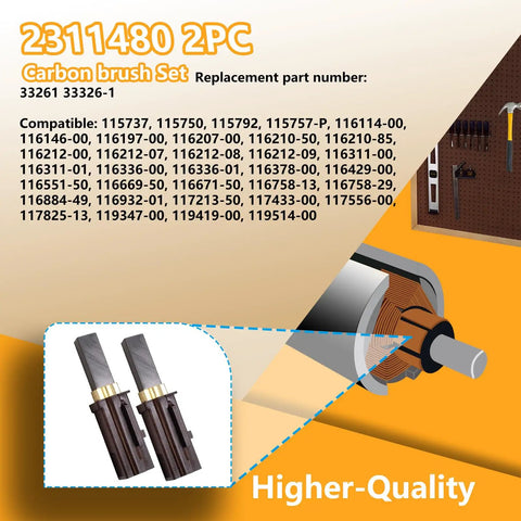 Vacuum Motor Carbon Brush Replacement Kit 2311480 333261 33326-1 Two Pack shown with compatible models list