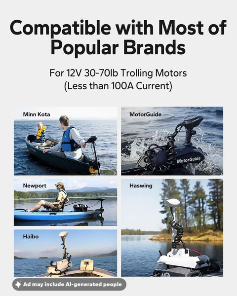 Rock Hard 12 Volt 100 Amp Hour Lithium Iron Phosphate Battery For Marine And Trolling Motors With Blazing Fast Smartphone App Monitoring Built Tough Deep Cycle Power Supply Twin Pack Duo compatible with popular 12V trolling motors.