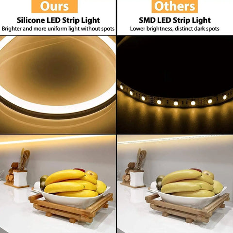 Comparison between silicone LED strip light and SMD LED strip light. Two images showing LED Neon Rope Lights 12V Warm White Dimmable 16 Feet Waterproof Silicone Neon Strip 3000K For Bedroom Indoor Vibe Decor Side Brightness for Brighter Glow Power Adapter Included demonstrating brightness and uniformity.
