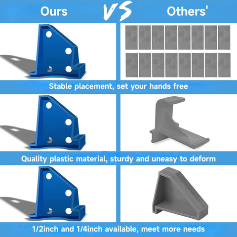 Comparison of 40 Piece 2 In 1 Flooring Spacers for 1/2 Inch and 1/4 Inch Gaps, showing blue triangular design vs. gray spacers.