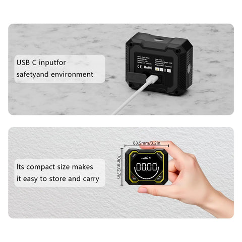 Pro Level Digital Angle Finder With Laser And Magnetic Base And Usb Rechargeable Electronic Inclinometer For Woodworking and Construction Projects, showing USB-C connection and compact size.