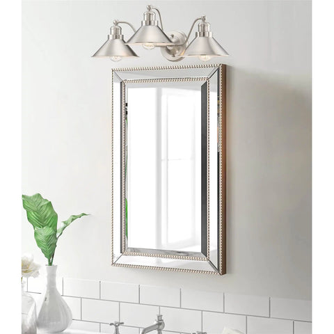 3 Light Modern Farmhouse Vanity Light With Funnel Shades In Brushed Nickel Finish above bathroom mirror with gooseneck design