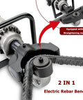 Professional Electric Hydraulic Rebar Bender 3200W Brushless Motor close-up showing straightening mold and bent steel rods.