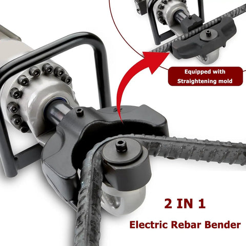 Professional Electric Hydraulic Rebar Bender 3200W Brushless Motor close-up showing straightening mold and bent steel rods.