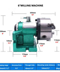 6 Inch CNC Rotary Indexing Table with Universal Dividing Head, cast iron build, dimensions shown, compatible with milling machines.