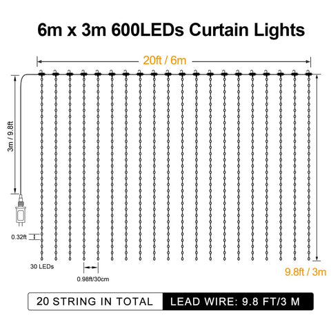 Diagram of Two Color Changing Curtain Lights 600 LED 20ft By 10ft Waterproof Connectable showing dimensions and layout.