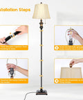 Installation steps of Retro Chic Classic Floor Lamp With Bronze Fabric Shade, showing parts assembly and bulb fitting.