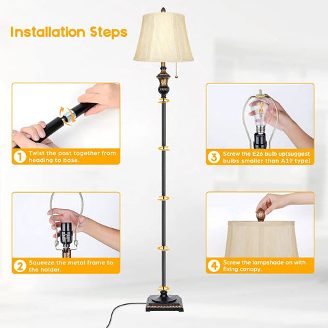 Installation steps of Retro Chic Classic Floor Lamp With Bronze Fabric Shade, showing parts assembly and bulb fitting.