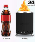 7.5 Inch Smokeless Tabletop Fire Pit Portable Mini Fire Bowl beside soda bottle for size comparison, black 304 stainless steel