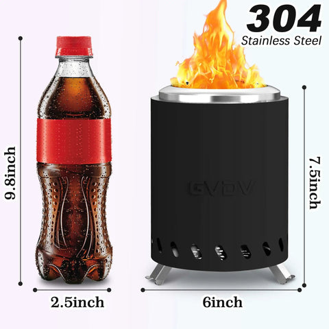 7.5 Inch Smokeless Tabletop Fire Pit Portable Mini Fire Bowl beside soda bottle for size comparison, black 304 stainless steel