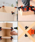90 Degree Woodworking Corner Clamps Set Of 4 Pro Right Angle Clamp Kit for carpentry projects displayed in use on wood joints