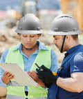 Workers wearing Full Brim Hard Hat With Six Point Ratchet Suspension All Day Comfort OSHA Safety Helmet Lightweight Durable HDPE Construction Hat Carbon Fiber Look Protective Gear With Accessory Slots For Men And Women on a construction site.