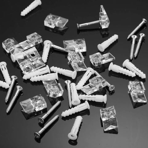 20 Pack Mirror Clips Kit for Wall Mounts and Cabinet Doors with screws and anchors, transparent clips for 6mm glass, DIY friendly.