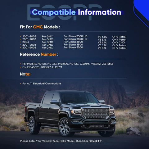 Compatibility information for Fuel Pump Assembly E3501M With Sending Unit For Chevy Silverado GMC Sierra 1999 To 2003, shown with a truck.