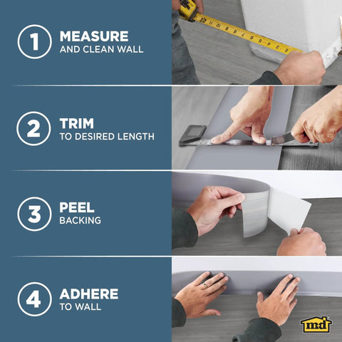 Step-by-step installation of Self-Stick Vinyl Wall Base 4 Inch High By 20 Feet Long Black Flexible Vinyl Trim For Walls.