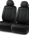 Piping Luxury Faux Leather Car Seat Covers Waterproof Anti Slip Front Seat Protector Ergonomic All Day Comfort Universal Fit for 95 Percent Cars Vans Trucks SUVs Black Easy Install shown on seats.