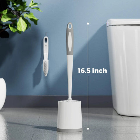 Three Pack Toilet Brushes With Holder For Deep Cleaning, white brush with 16.5-inch ergonomic handle in bathroom setting
