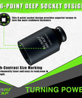 Half Inch Drive Impact Socket 34mm Deep 6 Point for Axle Nut Removal, CRMO Steel heavy duty metric socket with laser etched size