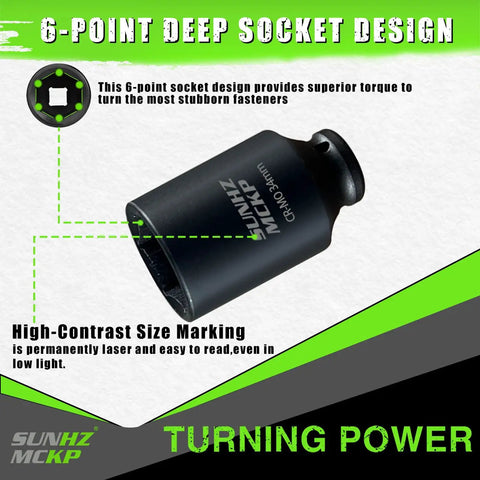 Half Inch Drive Impact Socket 34mm Deep 6 Point for Axle Nut Removal, CRMO Steel heavy duty metric socket with laser etched size