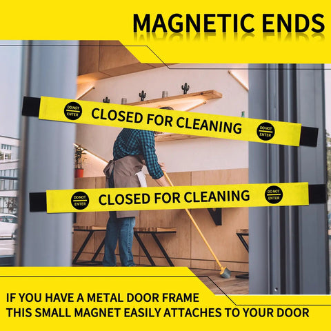 Heavy Duty Nylon Door Barricade Signs Set Of Four Hella Visible Warning Strips With Super Tight Magnetic Clamps in use while cleaning.