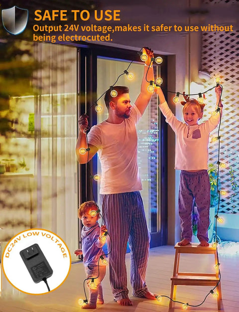 Family decorating with Remote Controlled 50 Ft G40 Globe LED Outdoor String Lights With 25 Plus 1 Shatterproof Bulbs IP45 Weatherproof