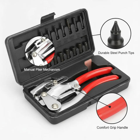 Heavy Duty 16 Piece Manual Hole Punch Plier Set For Leather, Sheet Metal, Rubber And Plastic with case and components