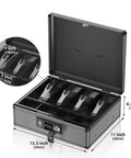 Locking Cash Box With Money Tray And Key For Grab And Go Security Portable Cash Safe Box for cash and coins, open view with dimensions