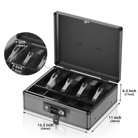 Locking Cash Box With Money Tray And Key For Grab And Go Security Portable Cash Safe Box for cash and coins, open view with dimensions