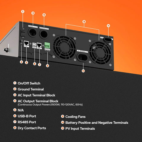 All In One 3500W Pure Sine Wave Inverter Charger With 48V Dc To 120V Ac Output, back panel ports and terminals view.