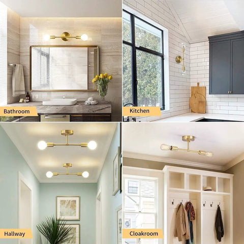Two Light Brass Vanity Lights Over Mirror Dope Modern Semi Flush Mount Ceiling Fixture in Bathroom, Kitchen, Hallway, Cloakroom