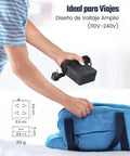 Person placing 4-Outlet 4-USB Surge Protector With 5 Ft Extension Cord 900 Joules into a blue bag, ideal for travel.