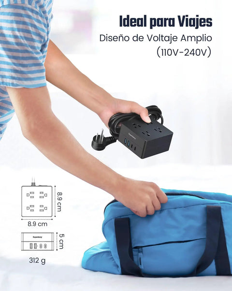 Person placing 4-Outlet 4-USB Surge Protector With 5 Ft Extension Cord 900 Joules into a blue bag, ideal for travel.