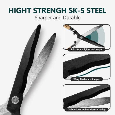 Heavy Duty Garden Hedge Shears 19.88 Inch Reach With Wooden Handles And Pro-Grade Carbon Steel Blades close-up view