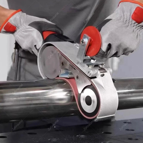 Heavy Duty 1100 Watt Pipe Belt Sander Built For Gritty Metal Pipe Grinding And Steel Polish Jobs With Six Adjustable Speeds For Crisp Clean Finishes Fast in use on metal pipe.