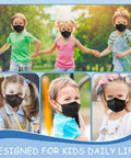 Kids wearing Kids KN95 Face Masks 5 Ply Pack 50 Count For Children With Elastic Ear Loops And Soft Sponge Nose Bridge Kid Friendly Breathable Black Masks For Outdoor School Boys And Girls.