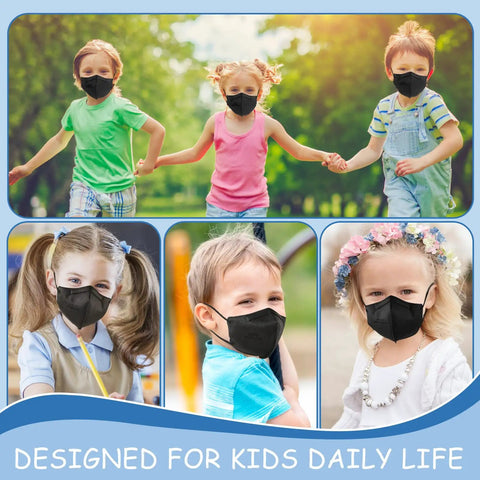 Kids wearing Kids KN95 Face Masks 5 Ply Pack 50 Count For Children With Elastic Ear Loops And Soft Sponge Nose Bridge Kid Friendly Breathable Black Masks For Outdoor School Boys And Girls.