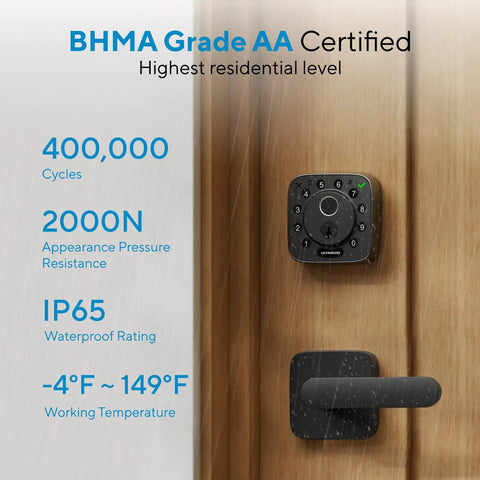 Rock Solid Fingerprint Wifi Smart Lock With Apple Home Integration on a wooden door showcasing a sleek design and waterproof features.