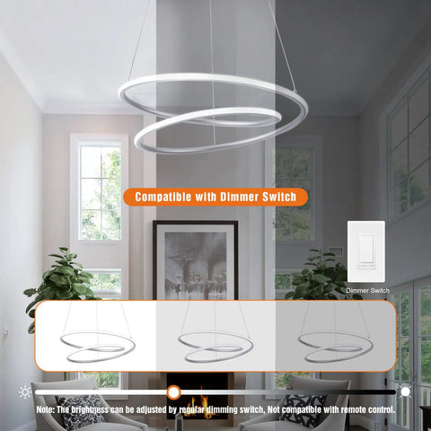 Sleek Modern LED Pendant Ring Chandelier With Dimmable Cool White 6000K Light For Dining Room And Foyer Silver Round Ceiling Fixture UL Listed Driver Easy Dim From Very Dim To Full Brightness On Your Standard Dimmer shown in living room setting