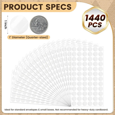 Clear Circle Stickers 1 Inch, 1440 Count on 20 Sheets, Glossy PET Film Seals for Packaging to Neatly Close Envelopes and Lightweight Paper Without Covering Logos or Text.