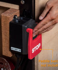 Heavy Duty Workhorse Plug And Play Dual Voltage Paddle Switch With Deep Gang Box and Full Hardware Kit For Super Quick Power Off On Table Saw Router Drill Press showing red STOP paddle switch.