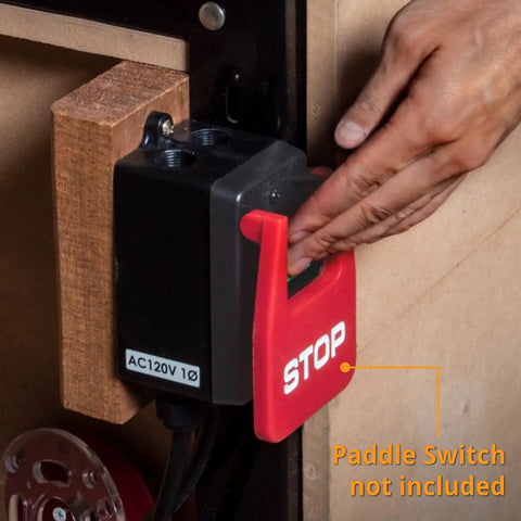 Heavy Duty Workhorse Plug And Play Dual Voltage Paddle Switch With Deep Gang Box and Full Hardware Kit For Super Quick Power Off On Table Saw Router Drill Press showing red STOP paddle switch.