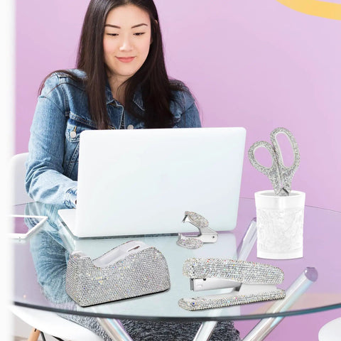 White Rhinestone Bling Stapler And Tape Dispenser Set With Glam Scissors And Staple Remover 1000 Staples Included Sparkle Desk Accessories