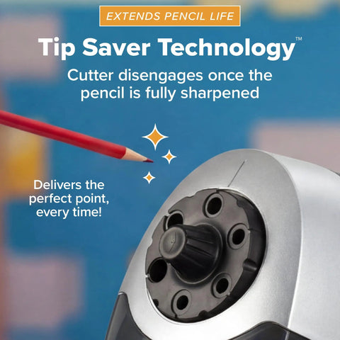 Heavy Duty 6 Hole Pencil Sharpener With Industrial Motor Quiet Fan Cooled Operation showing tip saver technology in use