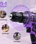20V Cordless Drill With Fast Charging Battery And Keyless Chuck Purple Built Like A Tank For Any Weekend Hack, showing 25+1 torque settings.