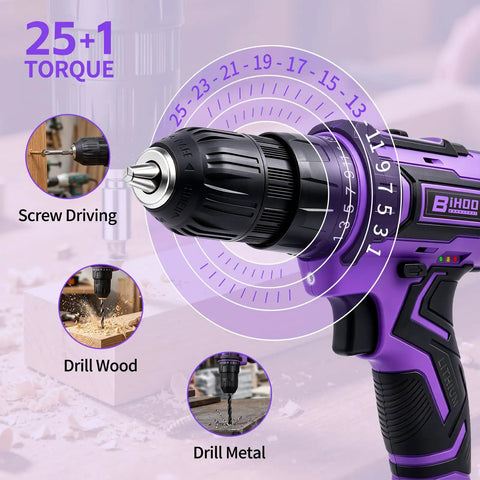 20V Cordless Drill With Fast Charging Battery And Keyless Chuck Purple Built Like A Tank For Any Weekend Hack, showing 25+1 torque settings.