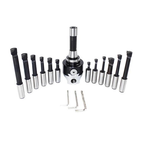 R8 Shank Boring Head Set With Carbide Boring Bars, 3 Inch Head, 3/4 Inch Bore, 12 Piece Milling Kit, Adjustable Offset, Precise 0.0005 Inch Graduations