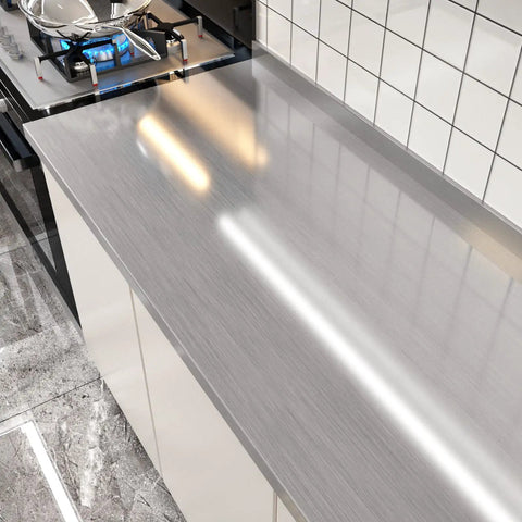 Metallic Silver Peel And Stick Contact Paper For Appliances And Kitchen Surfaces on countertop, glossy waterproof finish