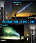 Beefy Six Pack LED Flashlights With High Lumens, 5 Mode Tactical Beam shown with adjustable focus and zoom options.